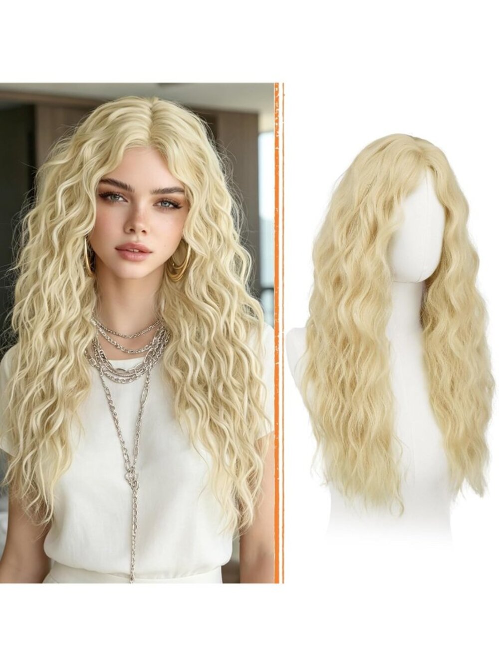 26" Long Wavy Curly Blonde Wig with Curtain Bangs - Soft Natural Synthetic Hair